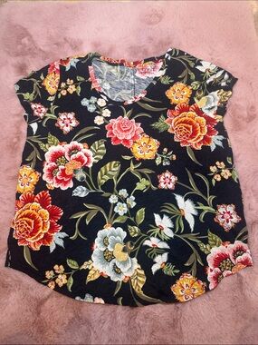 LOFT Floral Short Sleeve Knit Top in Navy